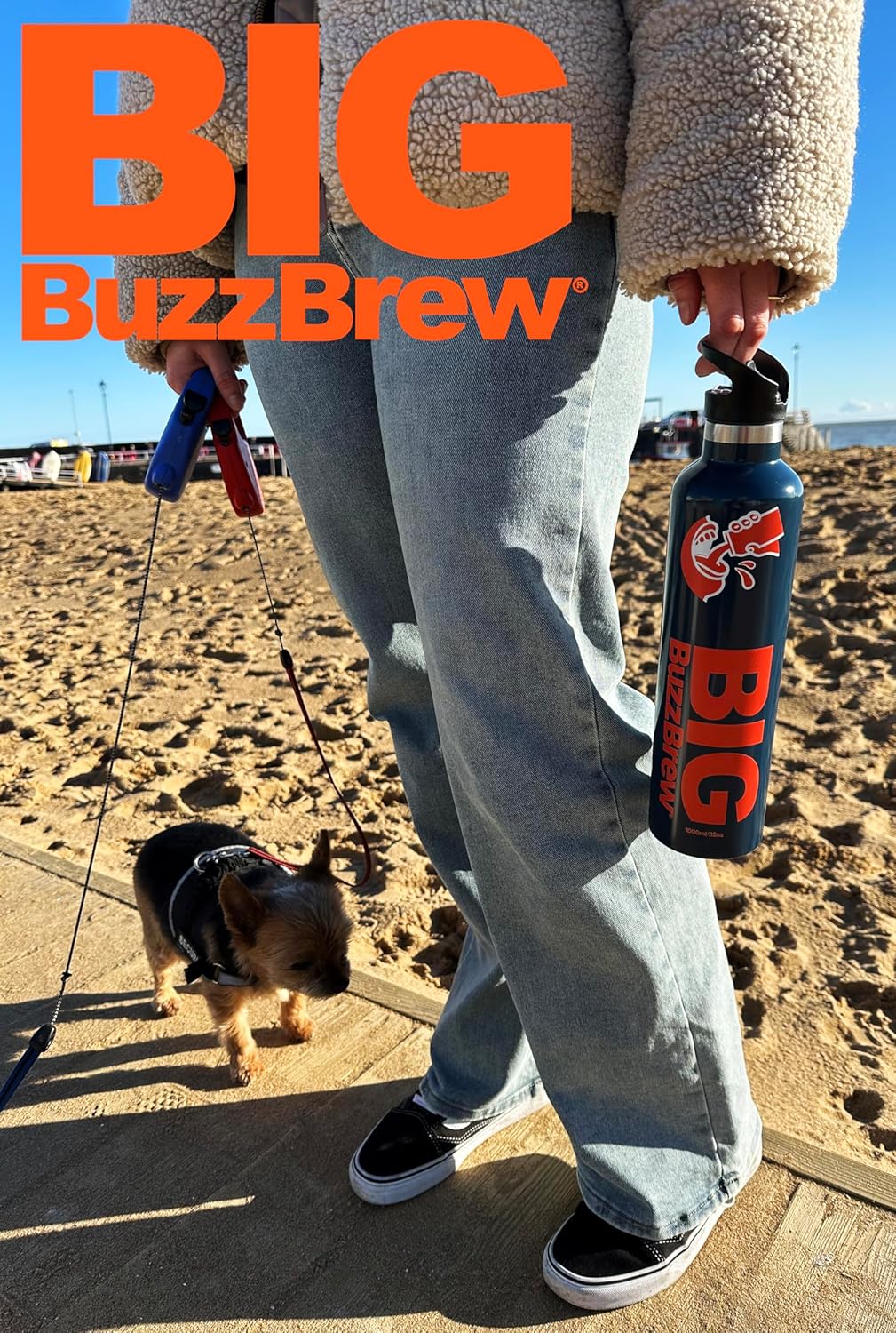 NEW! Big BuzzBrew 1L Insulated Thermos Flask | 2 Lids, 2 Straws & Brush | 24hr Cold & 12hr Hot | Leakproof Stainless Steel Sports Bottle