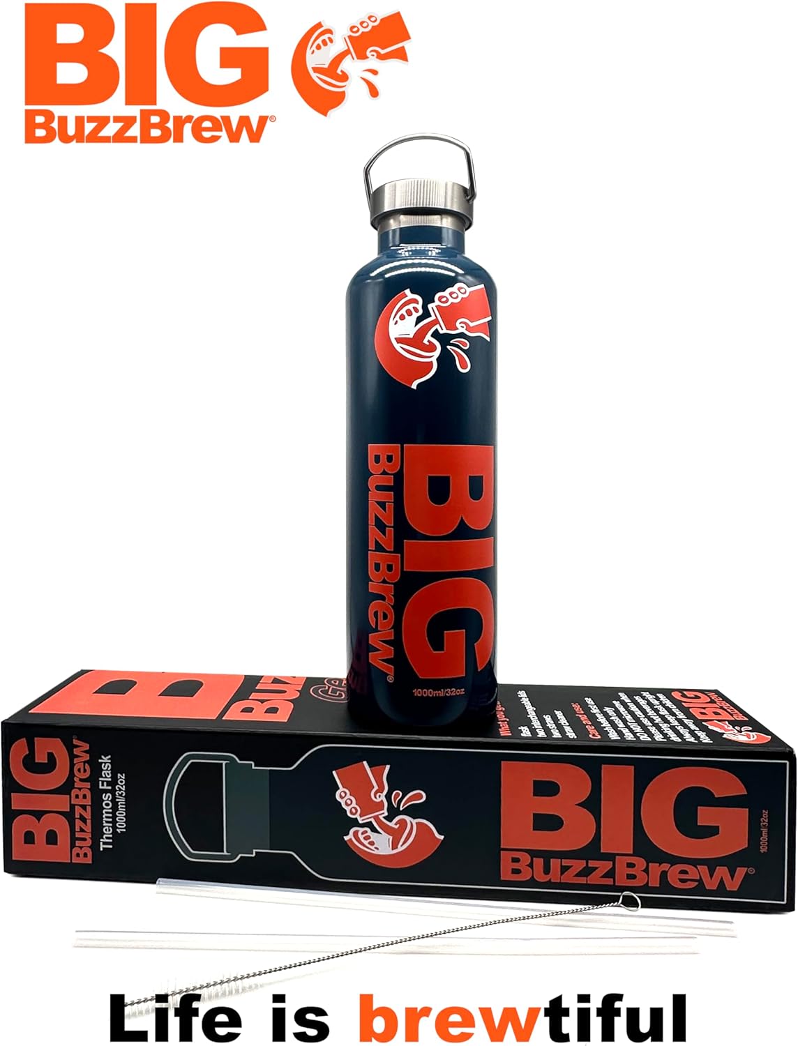 NEW! Big BuzzBrew 1L Insulated Thermos Flask | 2 Lids, 2 Straws & Brush | 24hr Cold & 12hr Hot | Leakproof Stainless Steel Sports Bottle