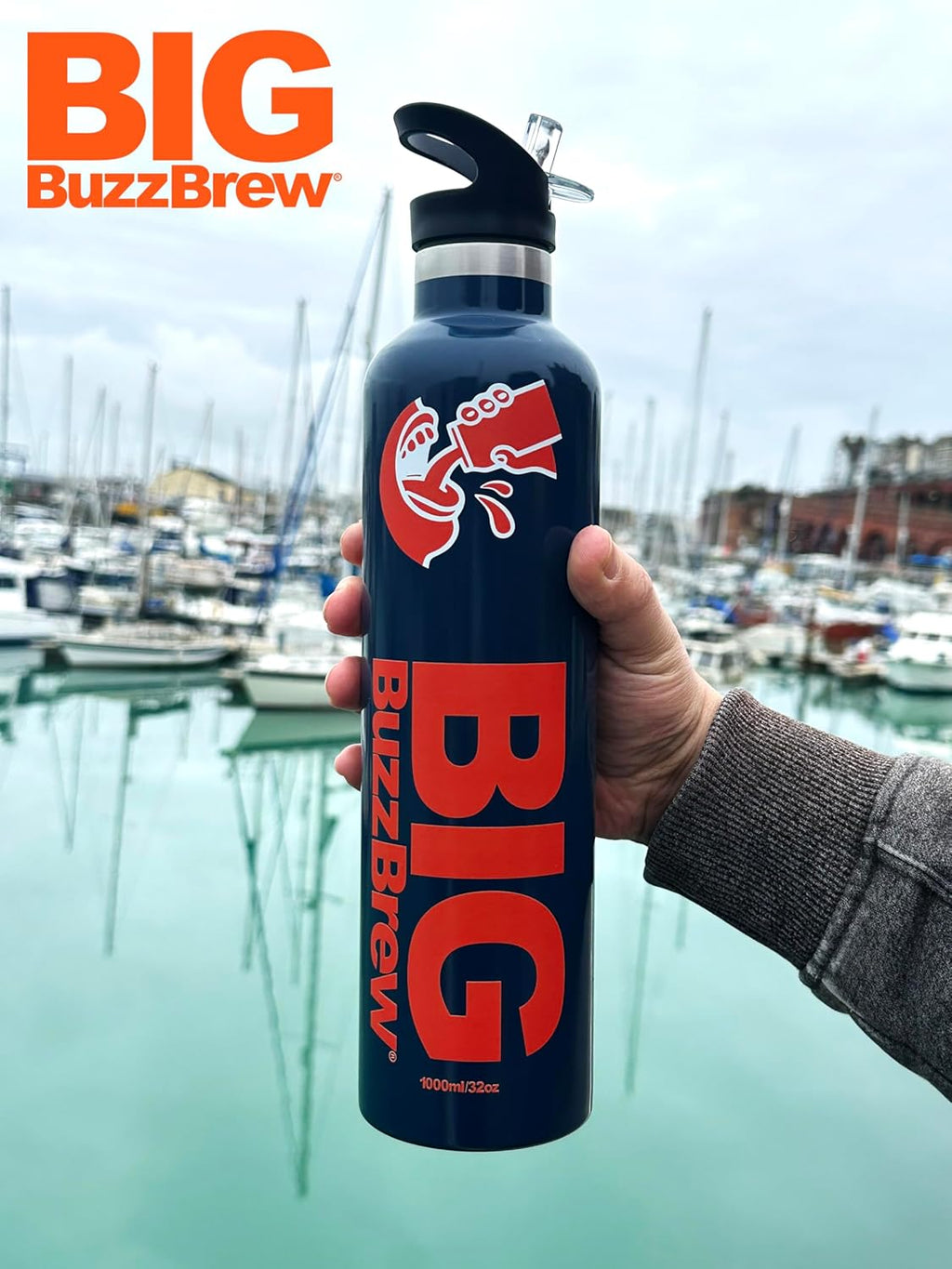 NEW! Big BuzzBrew 1L Insulated Thermos Flask | 2 Lids, 2 Straws & Brush | 24hr Cold & 12hr Hot | Leakproof Stainless Steel Sports Bottle