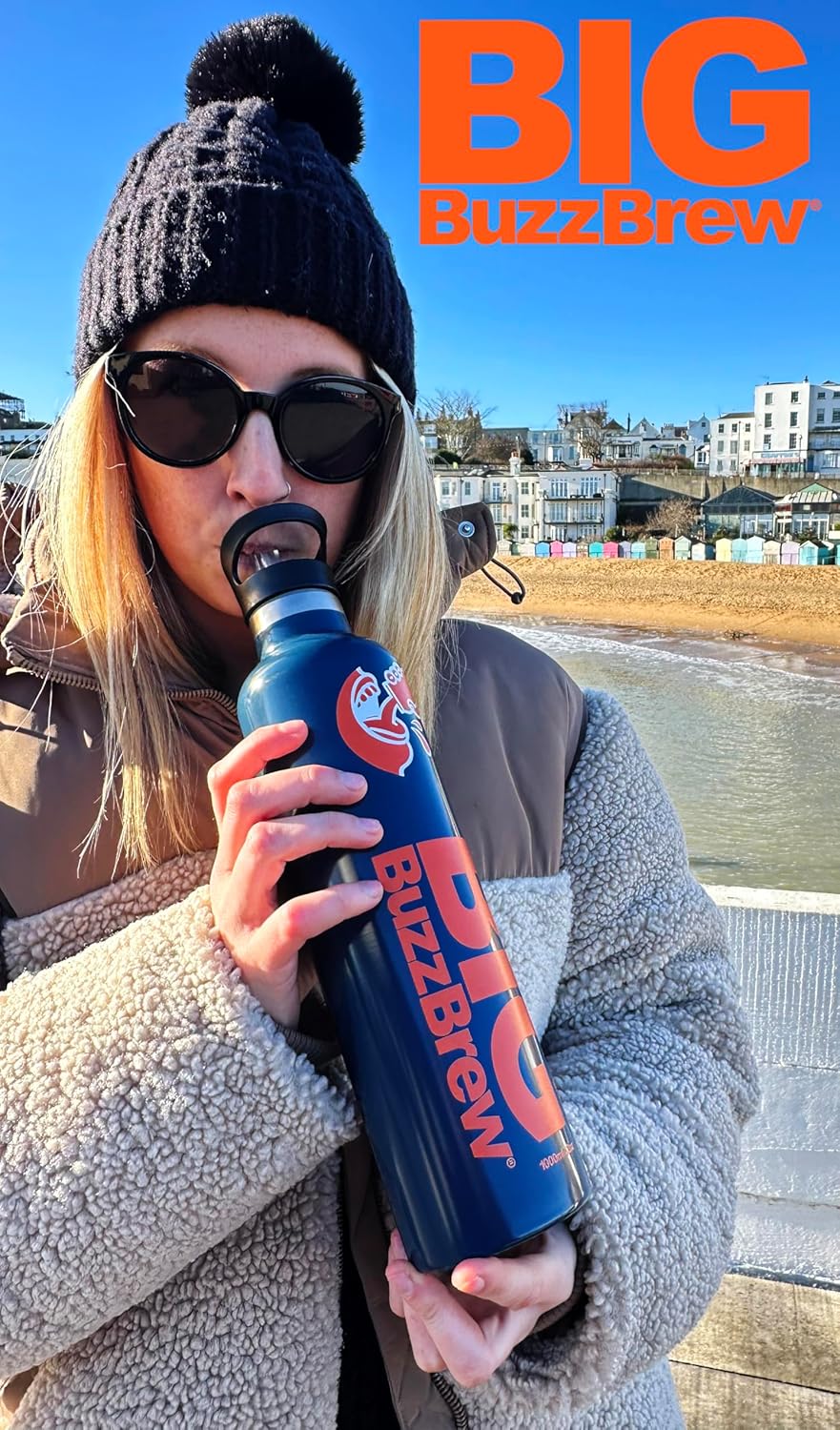 NEW! Big BuzzBrew 1L Insulated Thermos Flask | 2 Lids, 2 Straws & Brush | 24hr Cold & 12hr Hot | Leakproof Stainless Steel Sports Bottle