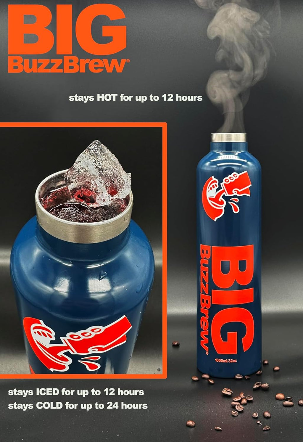 NEW! Big BuzzBrew 1L Insulated Thermos Flask | 2 Lids, 2 Straws & Brush | 24hr Cold & 12hr Hot | Leakproof Stainless Steel Sports Bottle