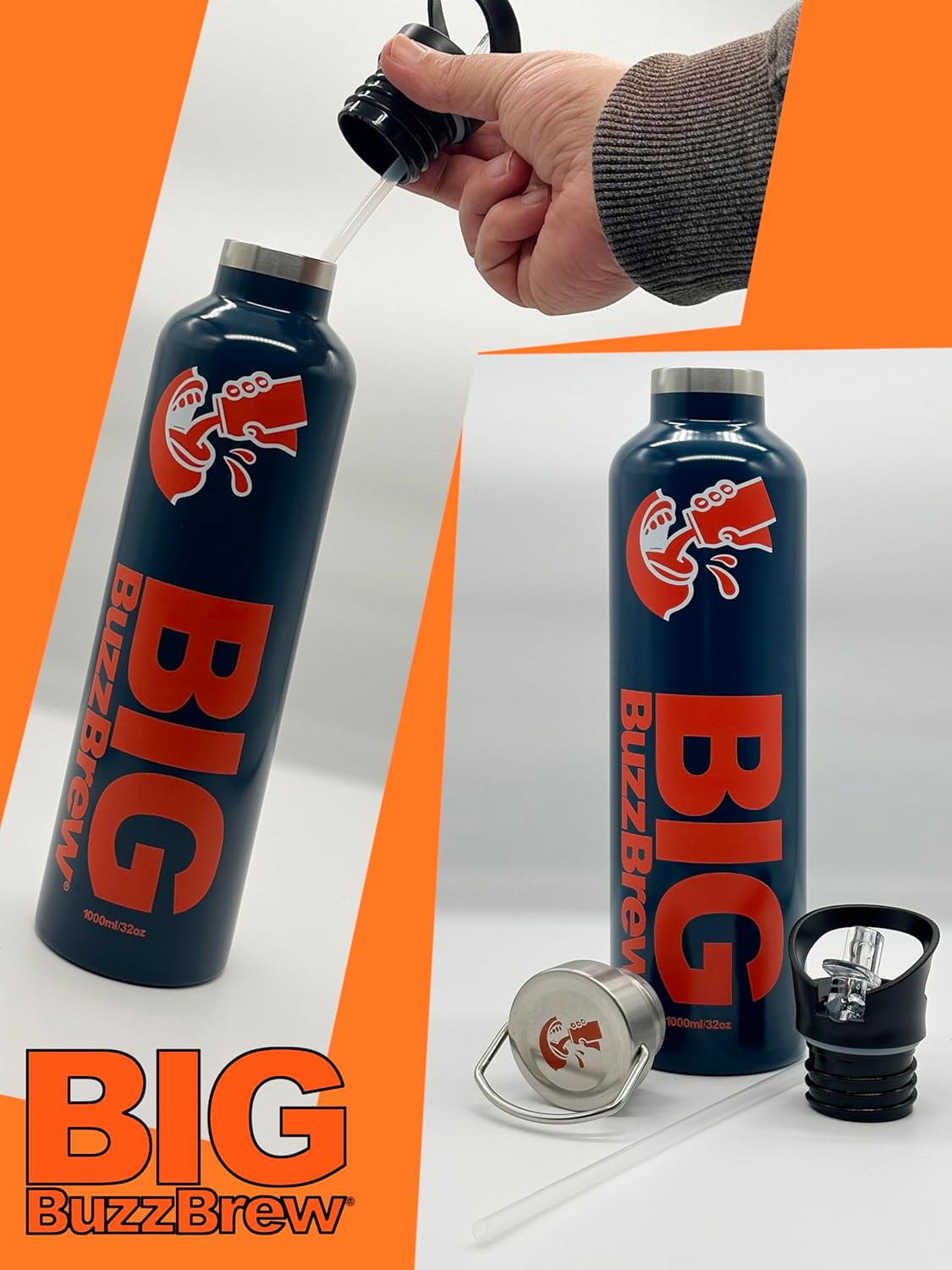 NEW! Big BuzzBrew 1L Insulated Thermos Flask | 2 Lids, 2 Straws & Brush | 24hr Cold & 12hr Hot | Leakproof Stainless Steel Sports Bottle