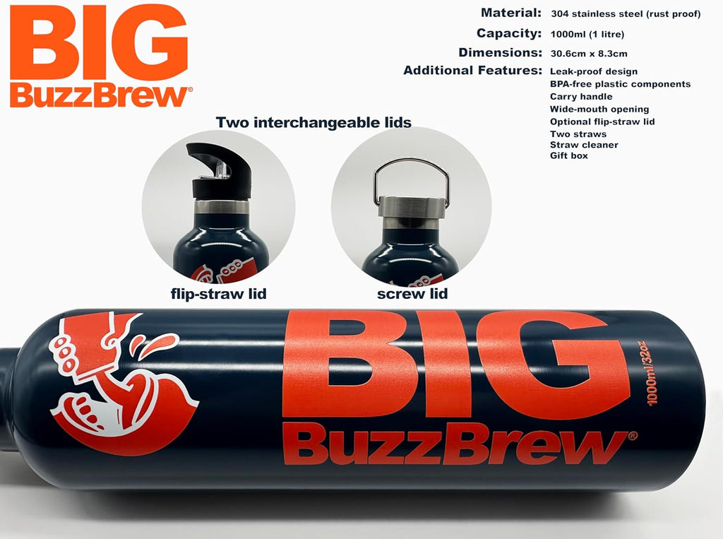 NEW! Big BuzzBrew 1L Insulated Thermos Flask | 2 Lids, 2 Straws & Brush | 24hr Cold & 12hr Hot | Leakproof Stainless Steel Sports Bottle