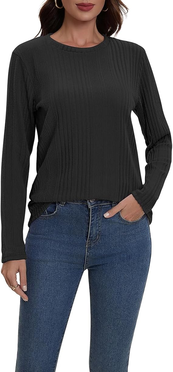 Suncife Womens Long Sleeve Ribbed Top - Dressy Casual Crew Neck Tunic T-Shirt - Soft Breathable Pullover Top