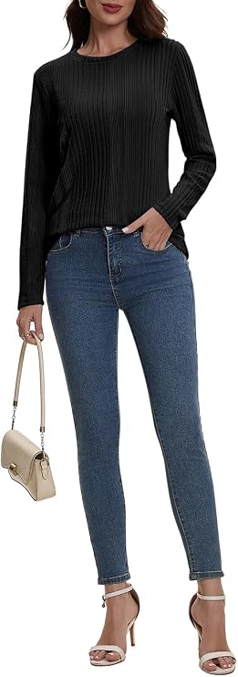Suncife Womens Long Sleeve Ribbed Top - Dressy Casual Crew Neck Tunic T-Shirt - Soft Breathable Pullover Top