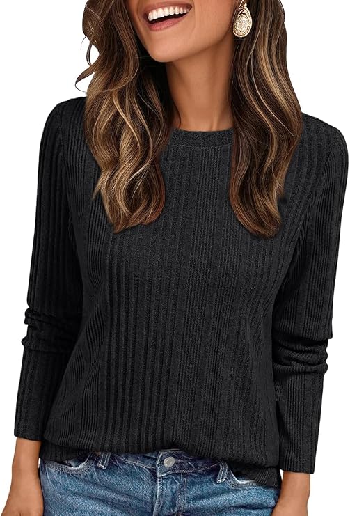 Suncife Womens Long Sleeve Ribbed Top - Dressy Casual Crew Neck Tunic T-Shirt - Soft Breathable Pullover Top