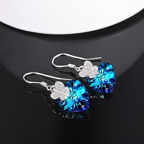 Infinionly blue crystal heart stud earrings in 925 sterling silver with butterfly zircon inlay for women.
