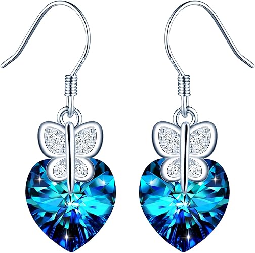 Infinionly blue crystal heart stud earrings with sterling silver and butterfly zircon inlay, elegant jewelry for women