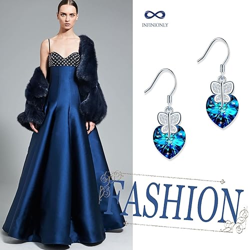 Infinionly blue crystal heart stud earrings in 925 sterling silver with butterfly zircon inlay, elegant jewelry for women.
