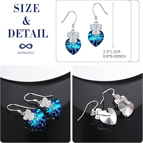 Infinionly blue crystal heart stud earrings in 925 sterling silver with butterfly zircon inlay, suitable for women.