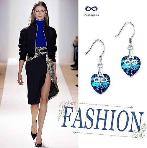 Infinionly blue crystal heart stud earrings made of 925 silver with an infinity symbol design for women and girls.