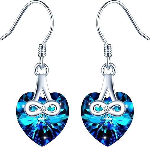 Blue crystal heart stud earrings with infinity symbol, crafted in 925 silver, designed for women and girls by Infinionly.