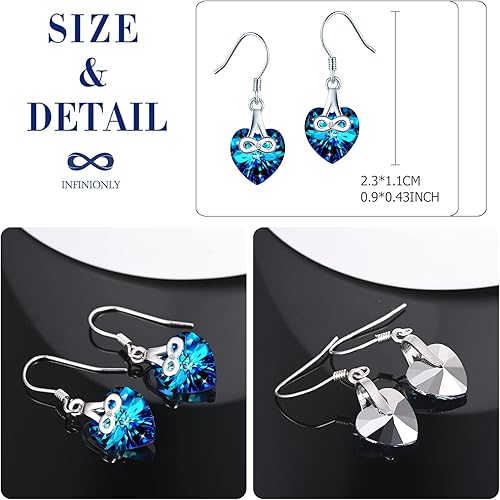 Infinionly blue crystal heart stud earrings crafted from 925 silver with an infinity symbol design for women and girls.