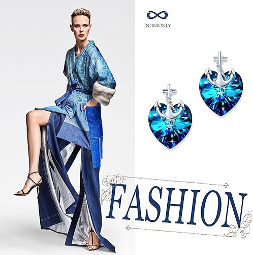 Infinionly blue crystal heart stud earrings in 925 silver with zircon, showcasing sparkling blue heart-shaped jewelry for women.