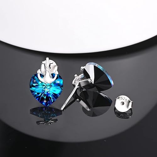 Infinionly blue crystal heart stud earrings in 925 silver with zircon accents, elegant jewelry for women and girls.