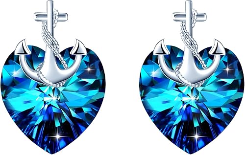Infinionly blue crystal heart stud earrings with 925 silver and zircon, elegant jewelry for women and girls.