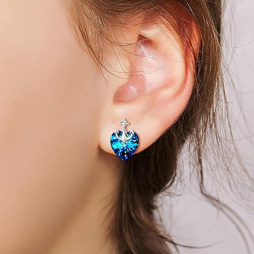 Infinionly blue crystal heart stud earrings in 925 silver with zircon, elegant jewelry for women and girls.