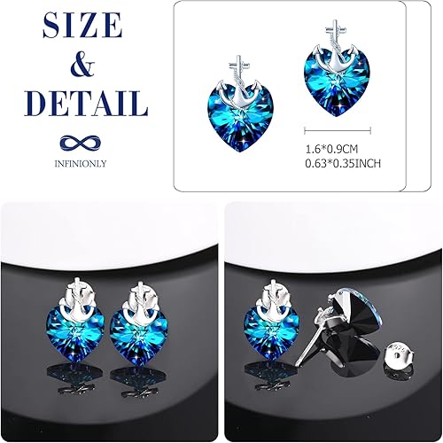 Infinionly blue crystal heart stud earrings with 925 silver and zircon, elegant jewelry for women or girls.