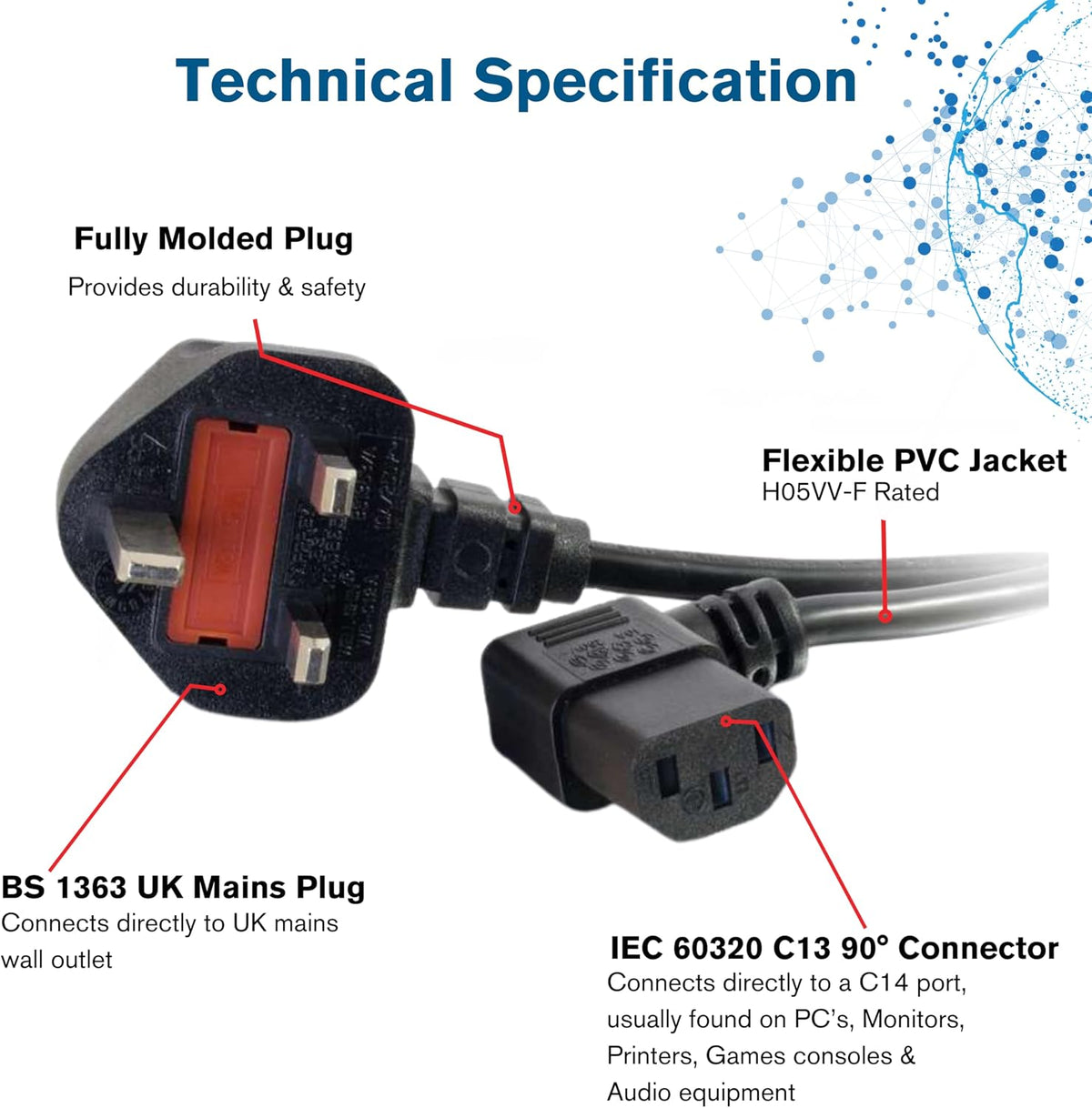 C2G 88520 2M 90 Degree Kettle Lead - Right Angle IEC C13 to UK BS1363 Plug Power Cable - 17AWG 10A - Black
