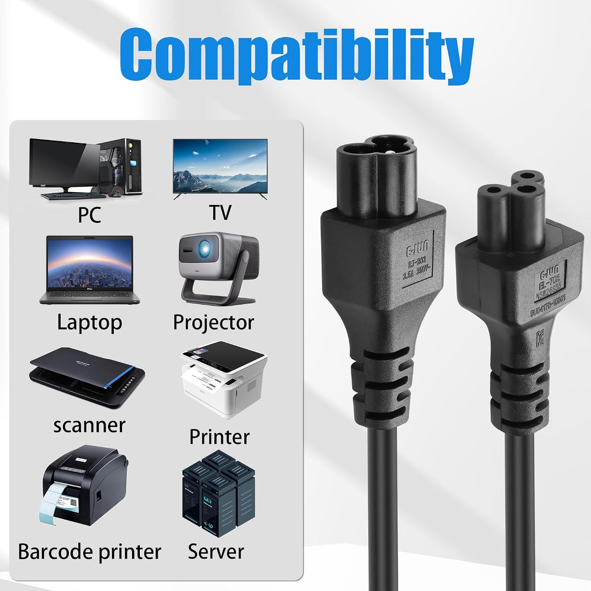 JLY IEC 320 C6 to C5 extension cable, 60cm, C6 male to C5 female power adapter for monitors, projectors, printers, and scanners