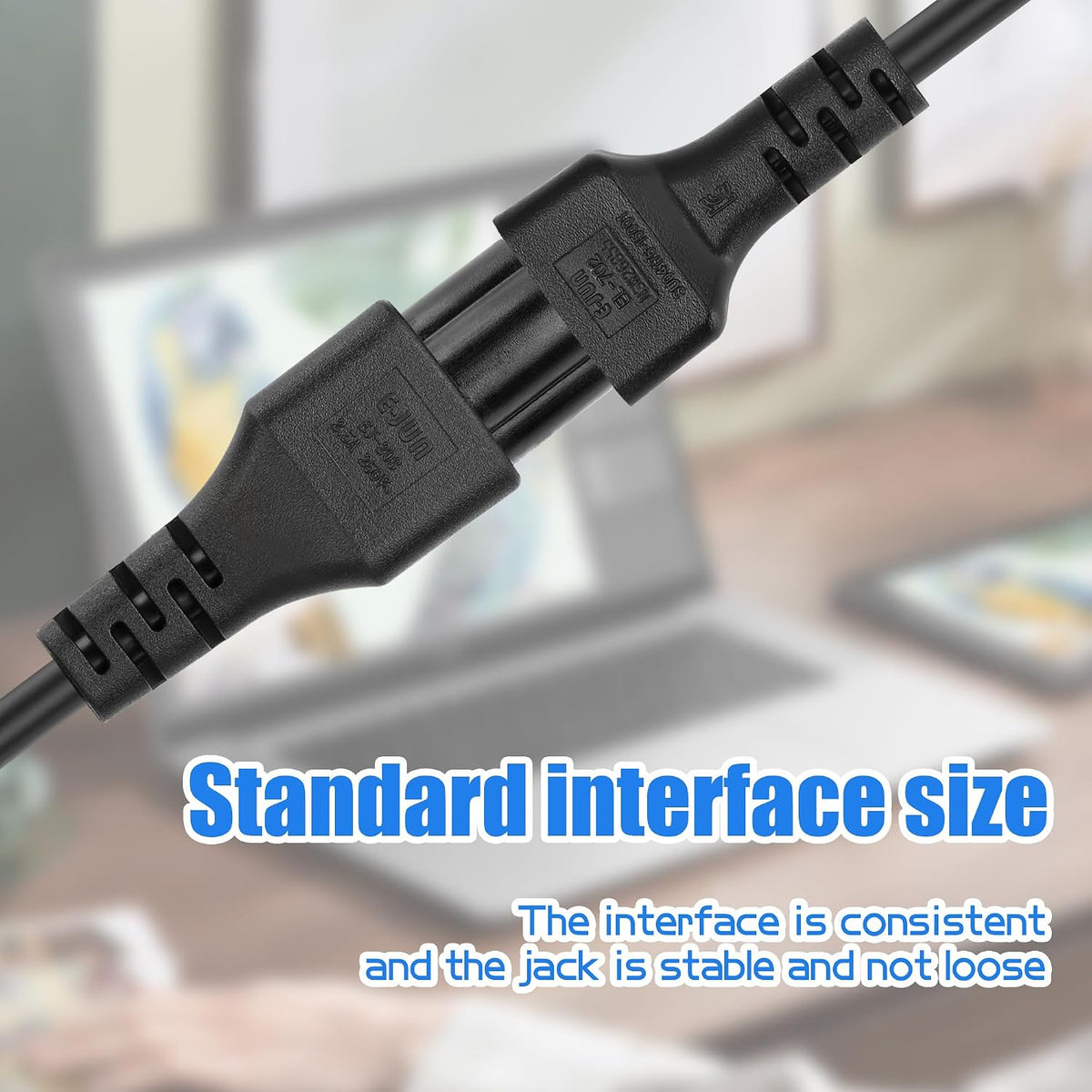 JLY IEC 320 C6 to C5 extension cable showing C6 male and C5 female connectors, 60cm length for laptops, monitors, and printers