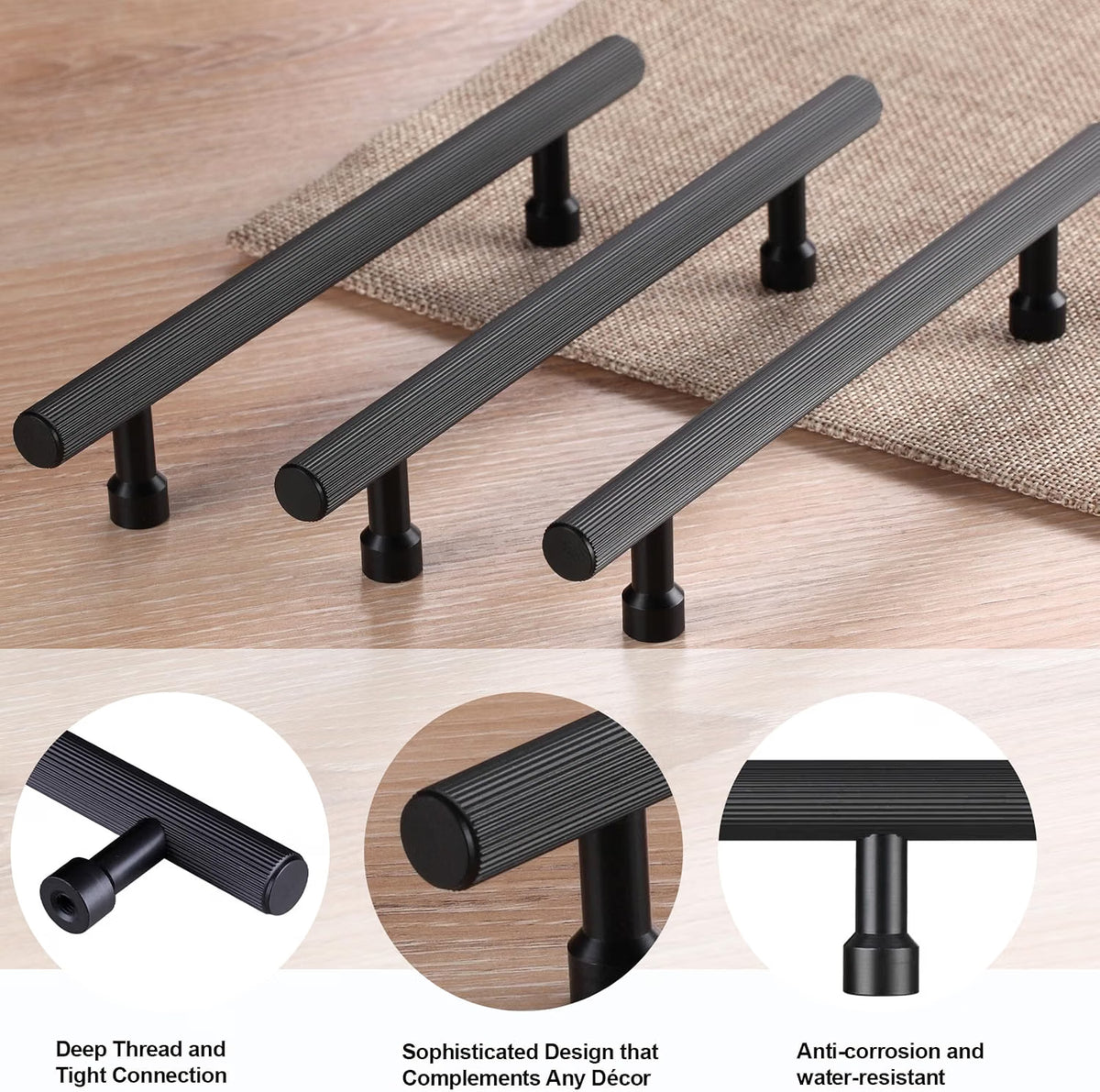CILEYTION 10 Pack Black Kitchen Handles - 128mm Hole Spacing, 180mm Modern Knurled Cupboard Handles - Aluminium Cabinet Door & Drawer Pulls