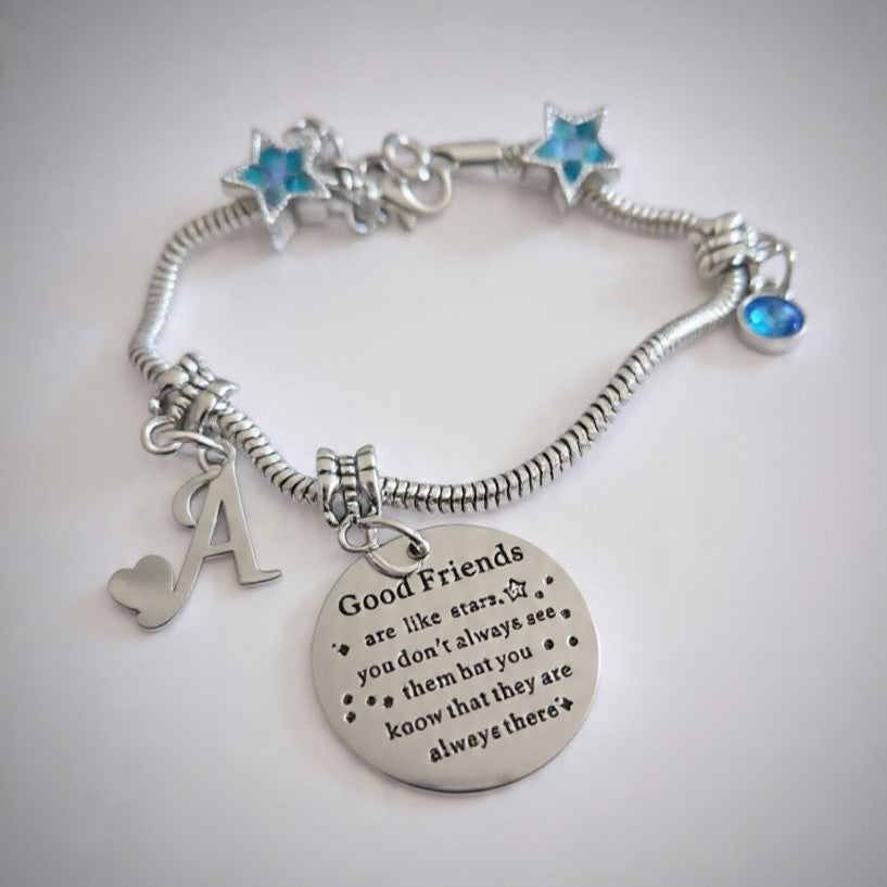 COEROW personalized starfish bracelet for women with initial pendant, blue crystal, starfish charm, stainless steel snake chain.