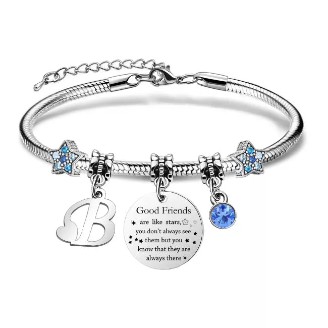 Personalized COEROW starfish bracelet for women with initial pendant, blue crystal, and "Good Friends Are Like Stars" charm on stainless steel chain