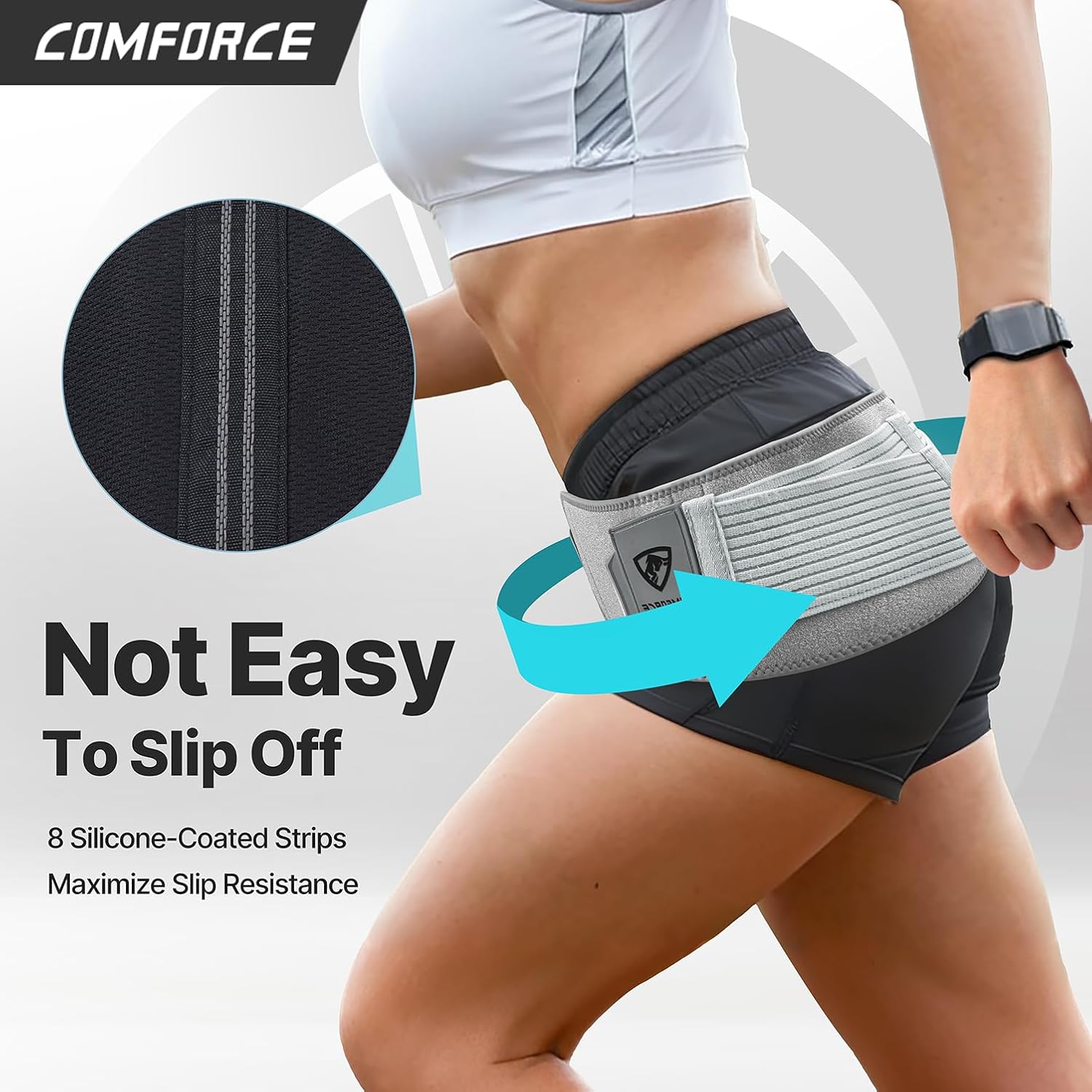 COMFORCE SI joint hip belt with ice pack showing extra-wide 15cm support, adjustable straps, and non-slip design for lower back pain relief.