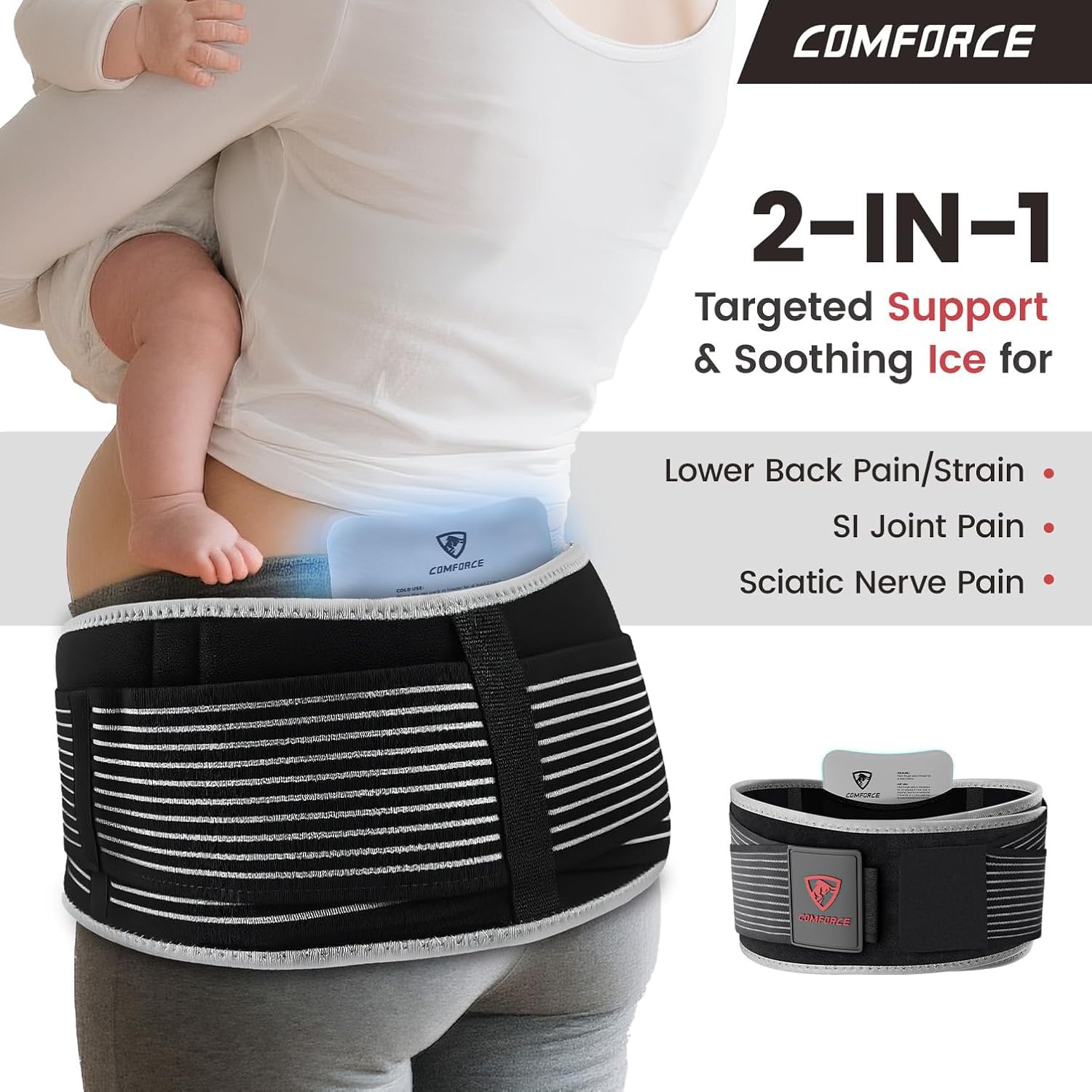 COMFORCE SI joint hip belt with ice pack, showing the wide support belt and attached cold/hot therapy pack for lower back relief.