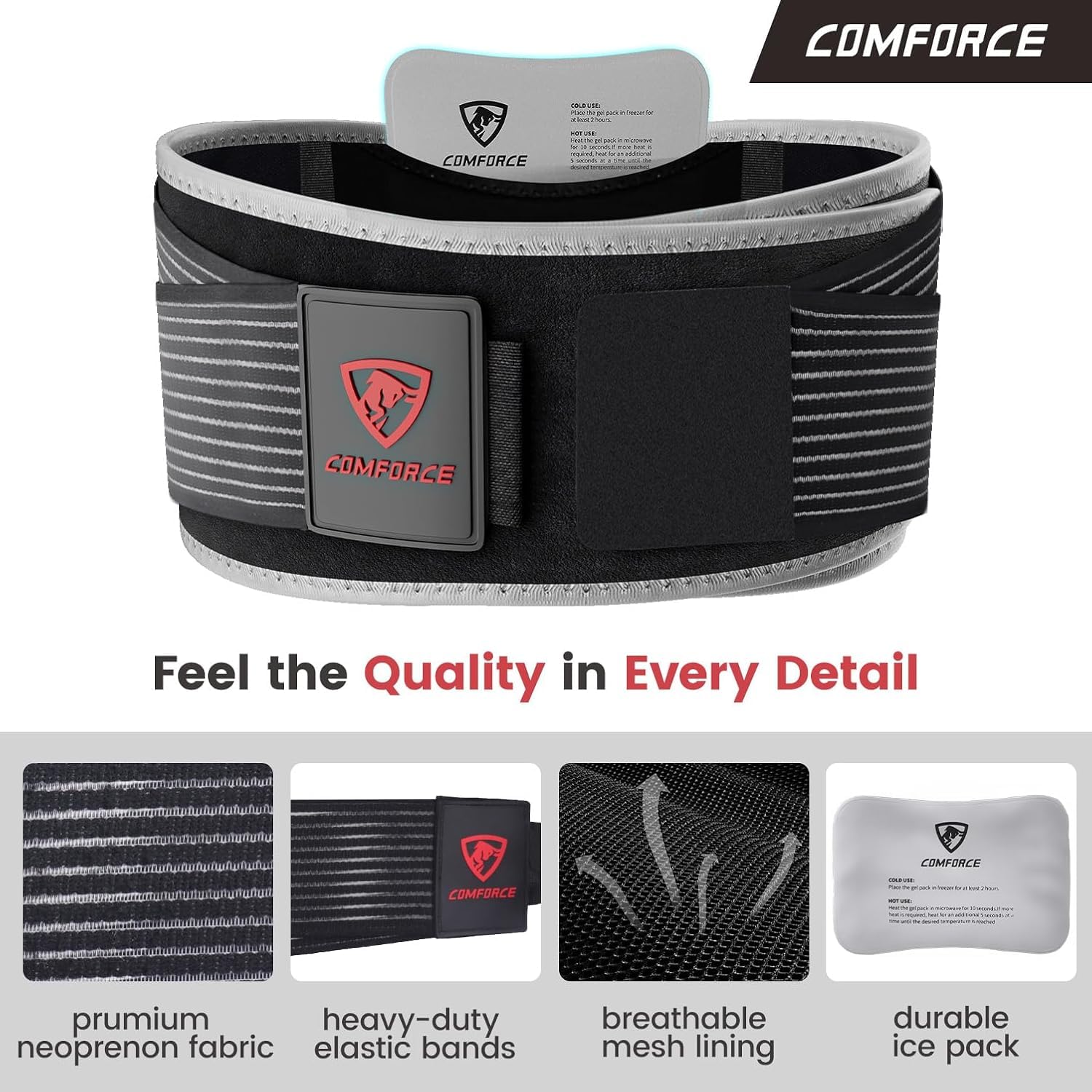 COMFORCE SI joint hip belt with ice pack, showing a wide support belt and attached cold/heat pack for sciatic and lower back relief