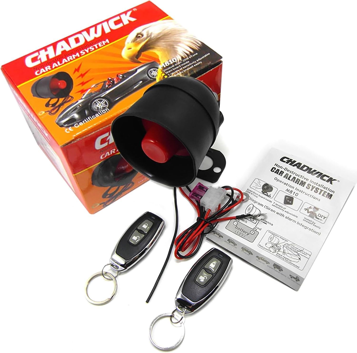 Chadwick car alarm security system with two remote controls, 12V universal anti-theft protection, non-destructive installation shown.