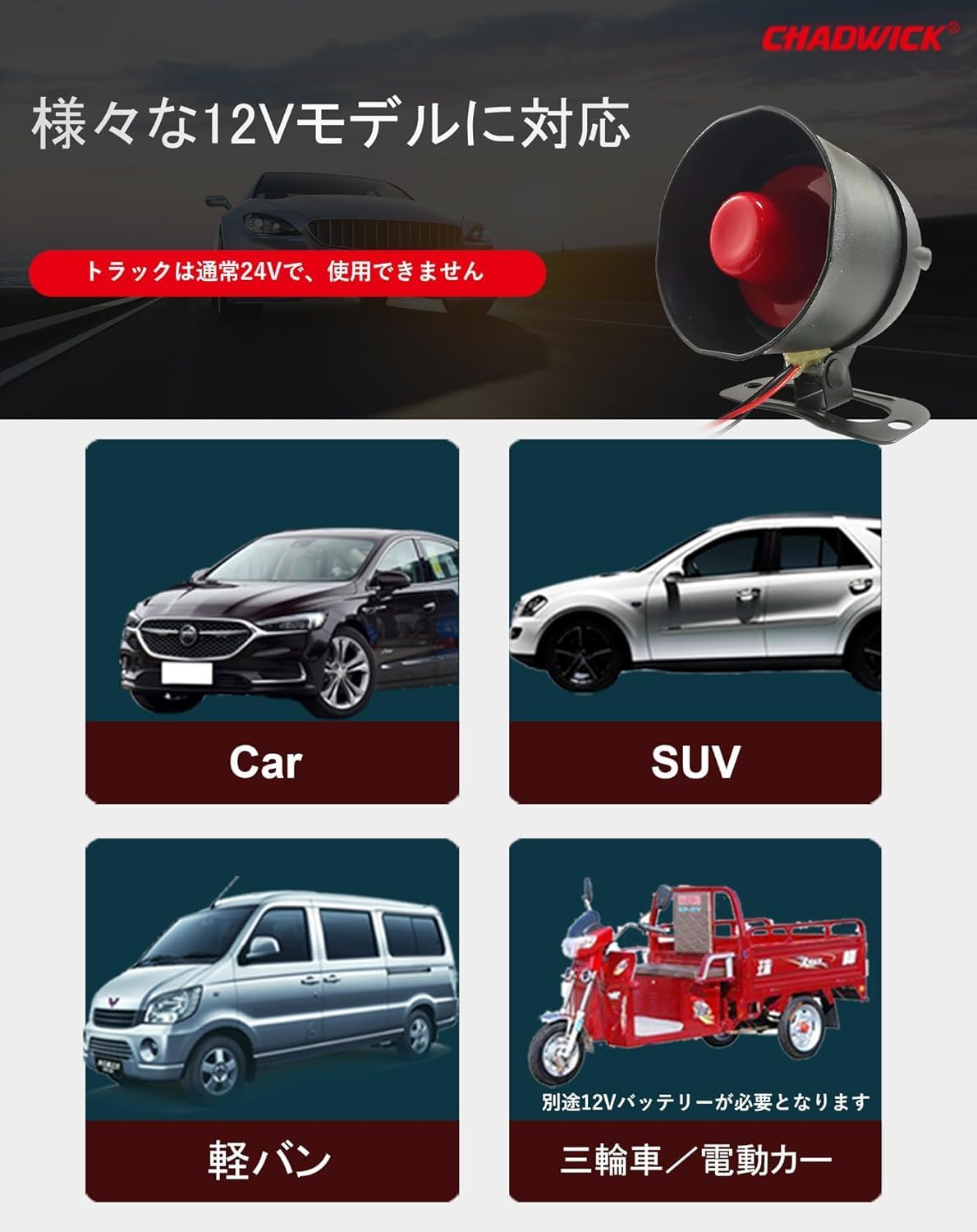 Chadwick car alarm security system with two remote controls, 12V universal anti-theft protection, and non-destructive installation.