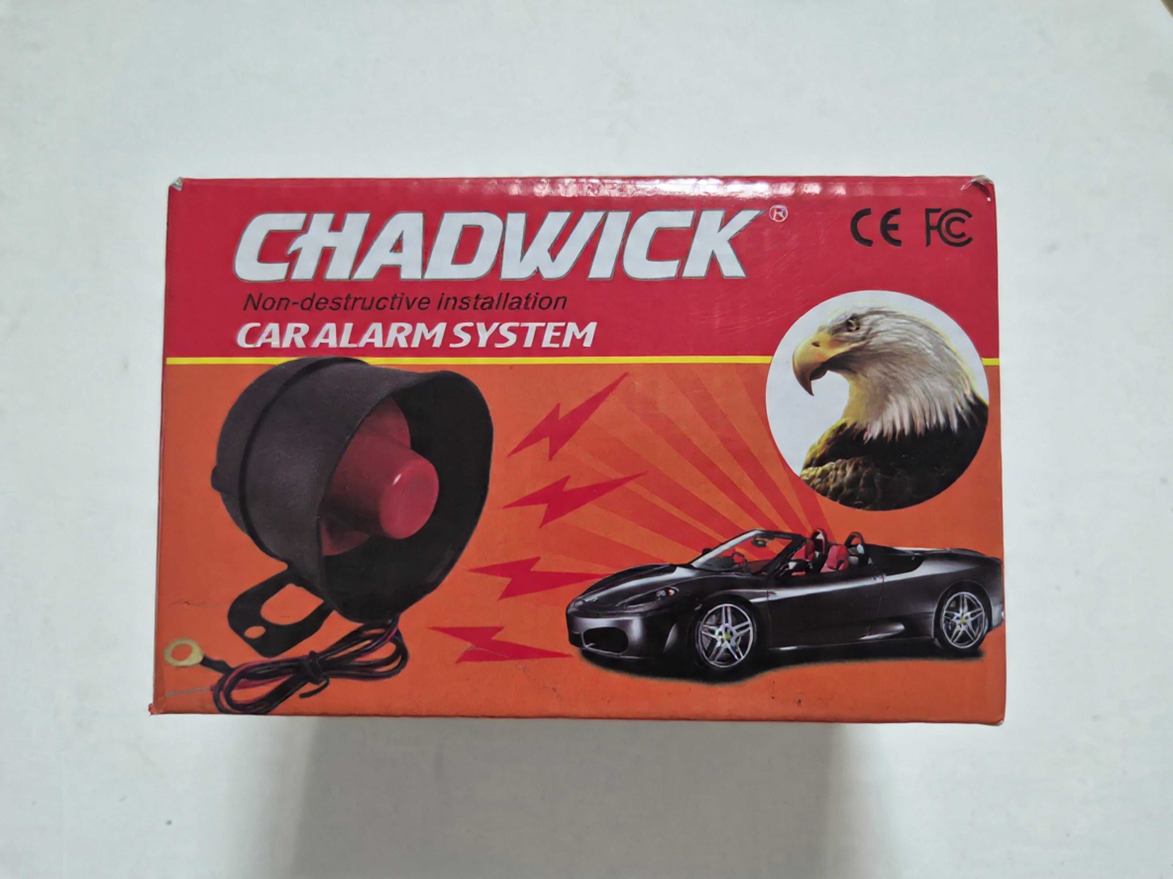 Chadwick car alarm security system with two remote controls, 12V universal anti-theft protection, non-destructive installation