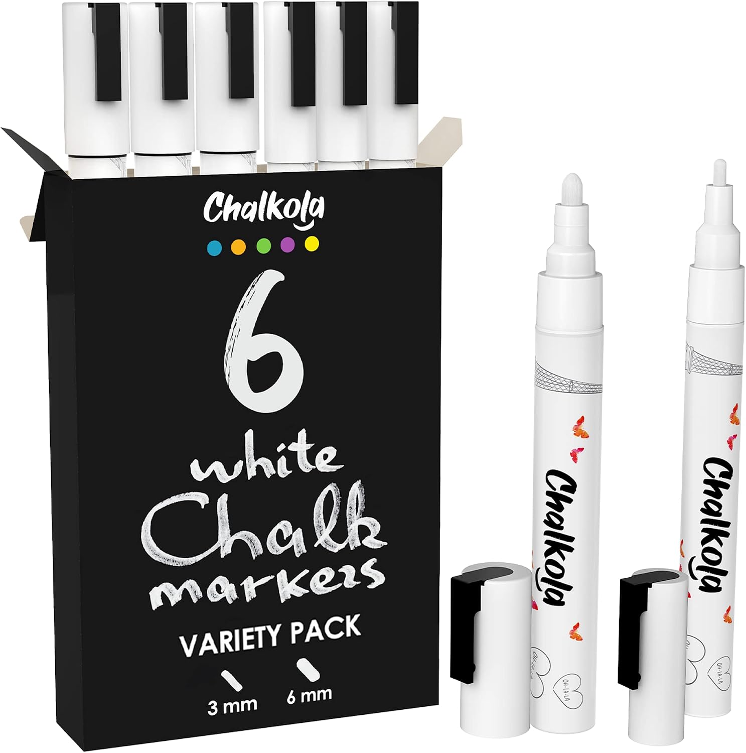 Chalkola 6 Pack White Chalk Markers - 3mm Fine + 6mm Bold Tip - Liquid Chalk Pens for Chalkboard, Glass, Windows, Bistro, Labels