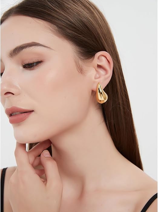 Rajputana gold teardrop hoop earrings with chunky 18k gold plating, hypoallergenic sterling silver, lightweight drop earrings for women.