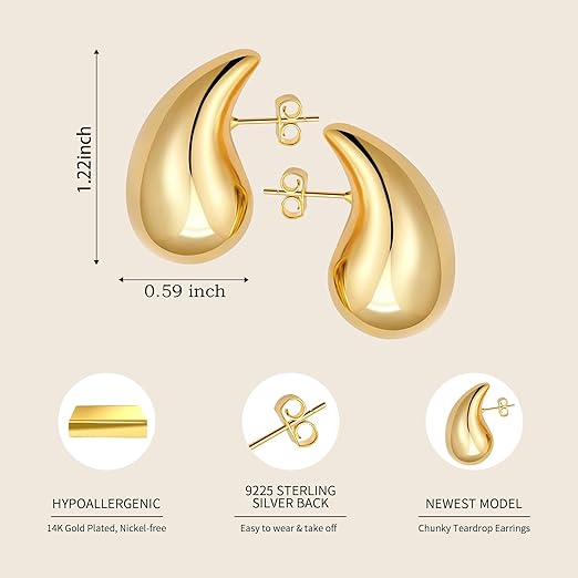 Rajputana Gold teardrop hoop earrings, 18k gold-plated sterling silver, lightweight hypoallergenic drop earrings for women.