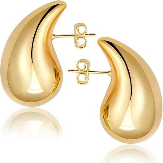 Rajputana gold teardrop hoop earrings for women, hypoallergenic sterling silver with chunky, lightweight drop design.