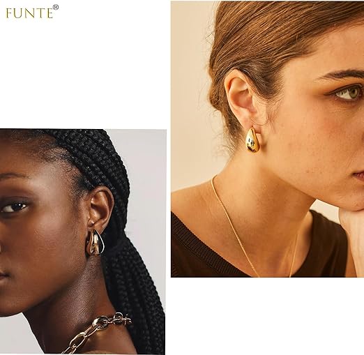 Rajputana gold teardrop hoop earrings with chunky 18k gold plating, lightweight sterling silver drop earrings for women.