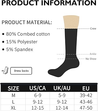 Close-up of Closemate men's black crew dress socks in a 5-pack, made of breathable cotton with a comfort fit for business casual wear.