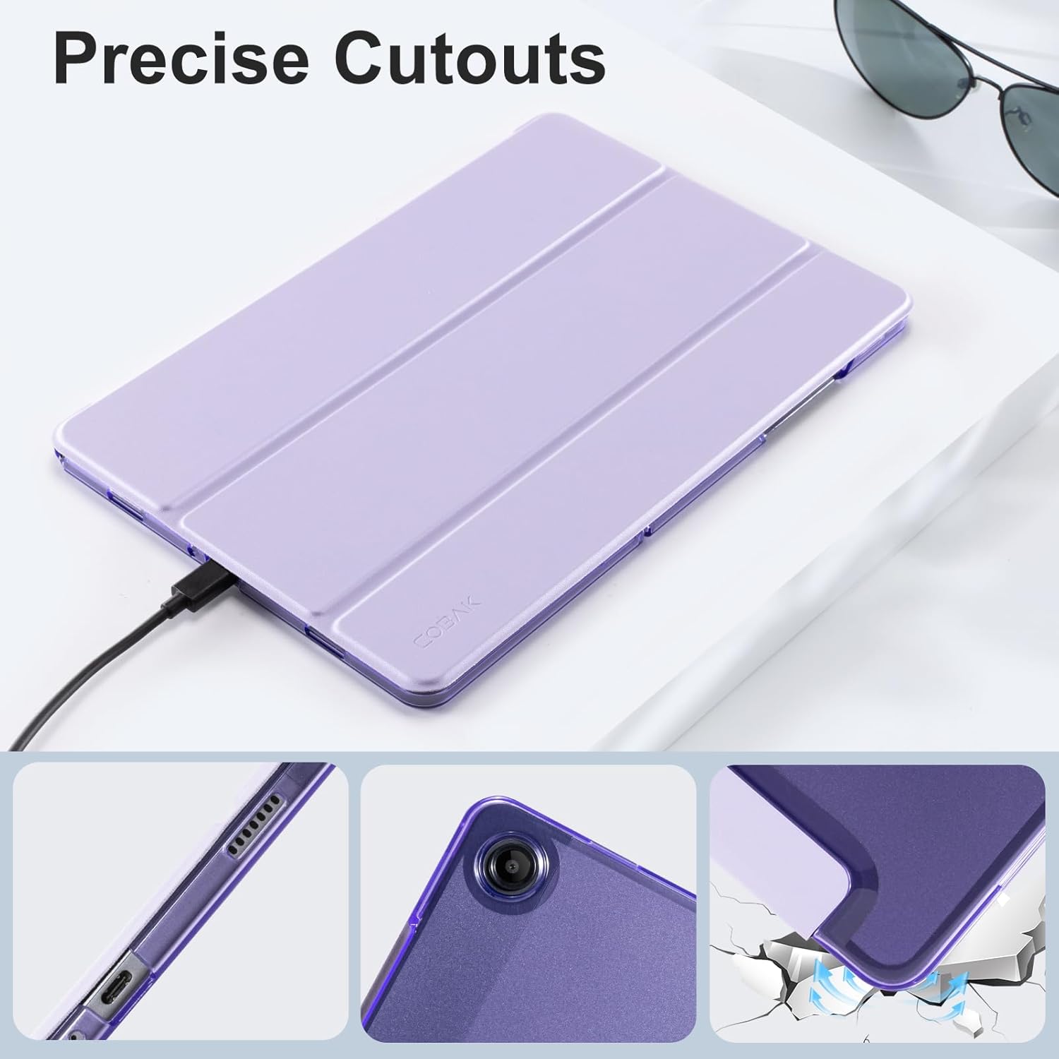 CoBak ultra-slim purple PU leather smart case for Samsung Galaxy Tab A9 Plus 11-inch 2023 with translucent back and auto wake/sleep feature.