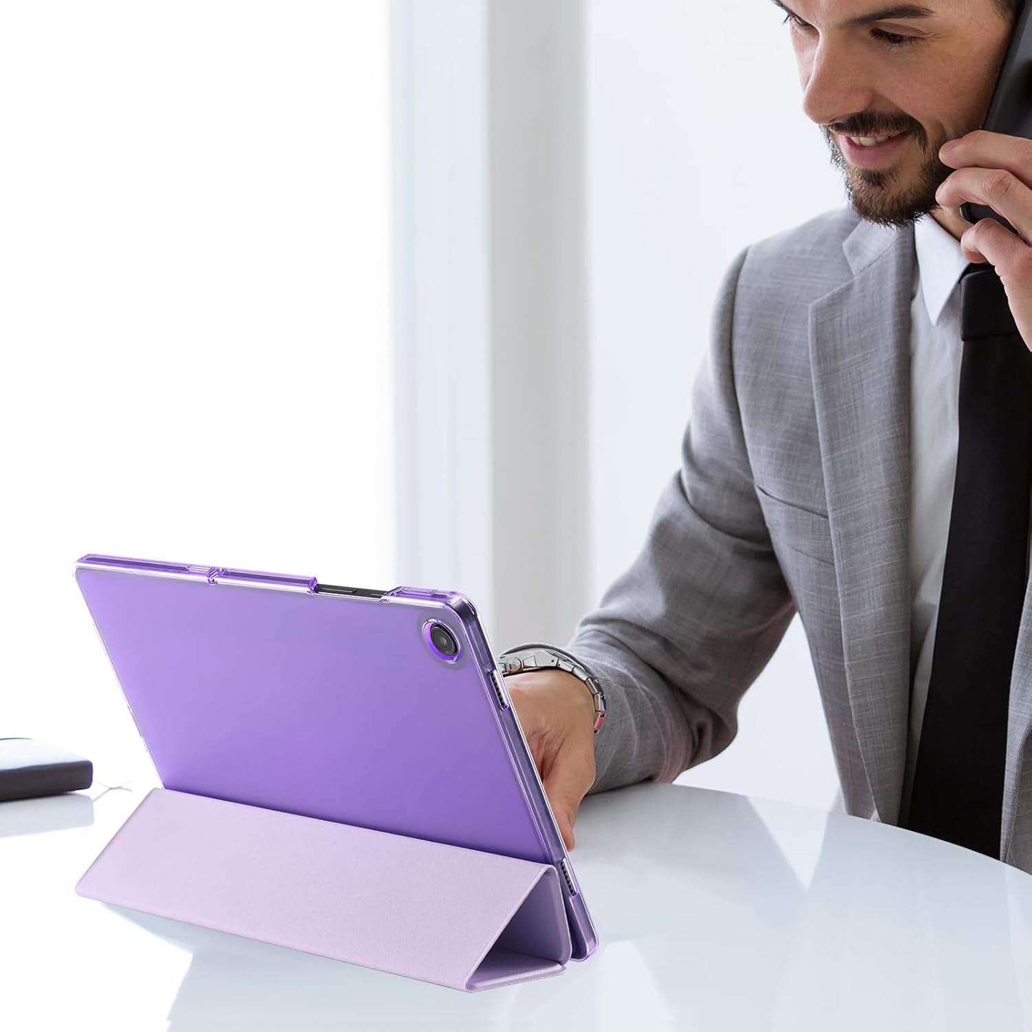 Purple CoBak ultra-slim leather case for Samsung Galaxy Tab A9 Plus 11" 2023 with translucent back and multi-angle stand.