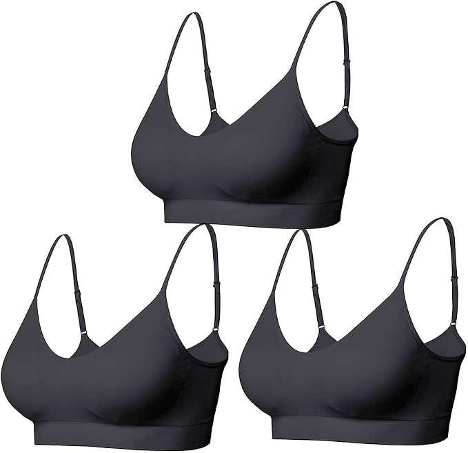 Comfyin padded bralette 3-pack in size L, seamless sleep and yoga sport bras in black, wire-free and comfortable for everyday wear.