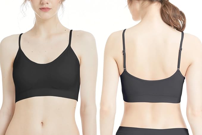 Three black Comfyin padded bralettes, size L, seamless sleep bras and wire-free yoga sport bras stacked together.