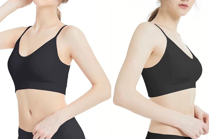 Set of three Comfyin padded bralettes in size L, seamless sleep bras, wire-free yoga and sport bras in black.