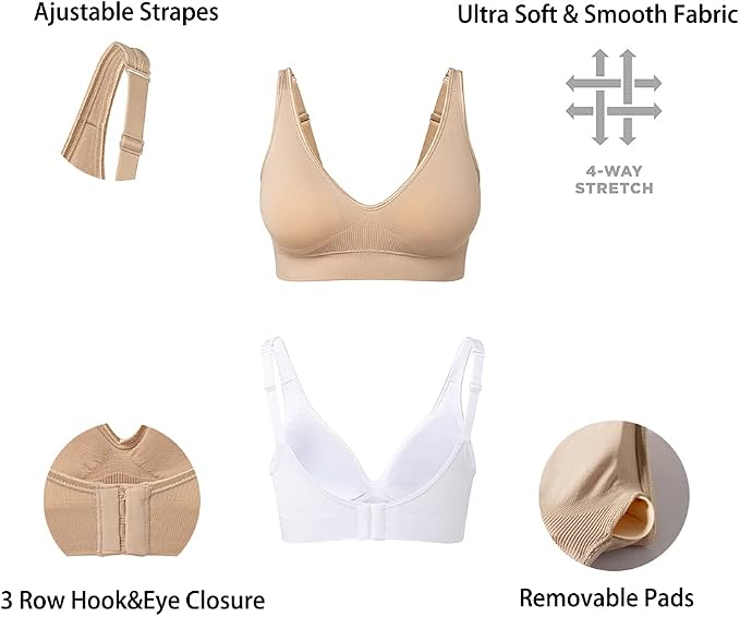 Comfyin Wireless Bras for Women 3 Pack - Non Wired Seamless Comfort Bra with Removable Pads