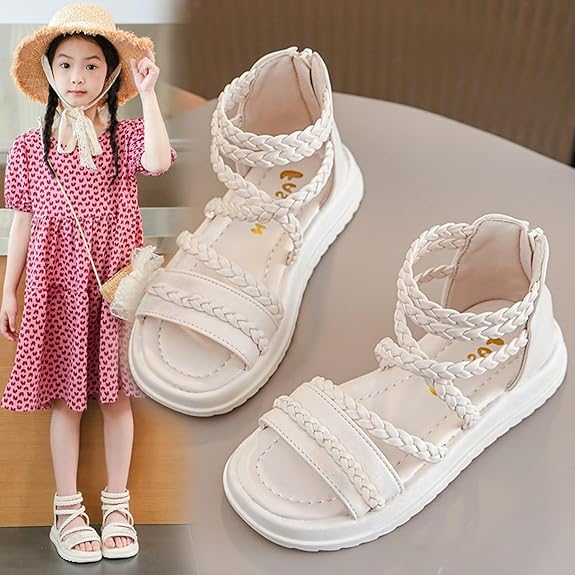 Cozozn Girls Summer Sandals | Fashion Kids Beige & White Shoes | Size 3 UK - Zeta Store