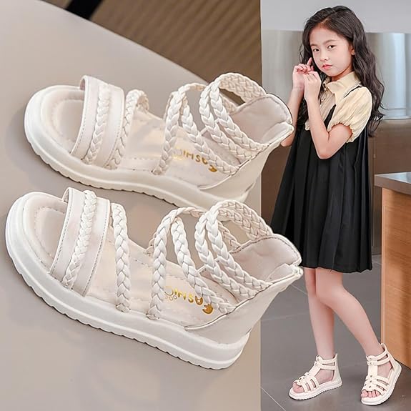 Cozozn Girls Summer Sandals | Fashion Kids Beige & White Shoes | Size 3 UK - Zeta Store
