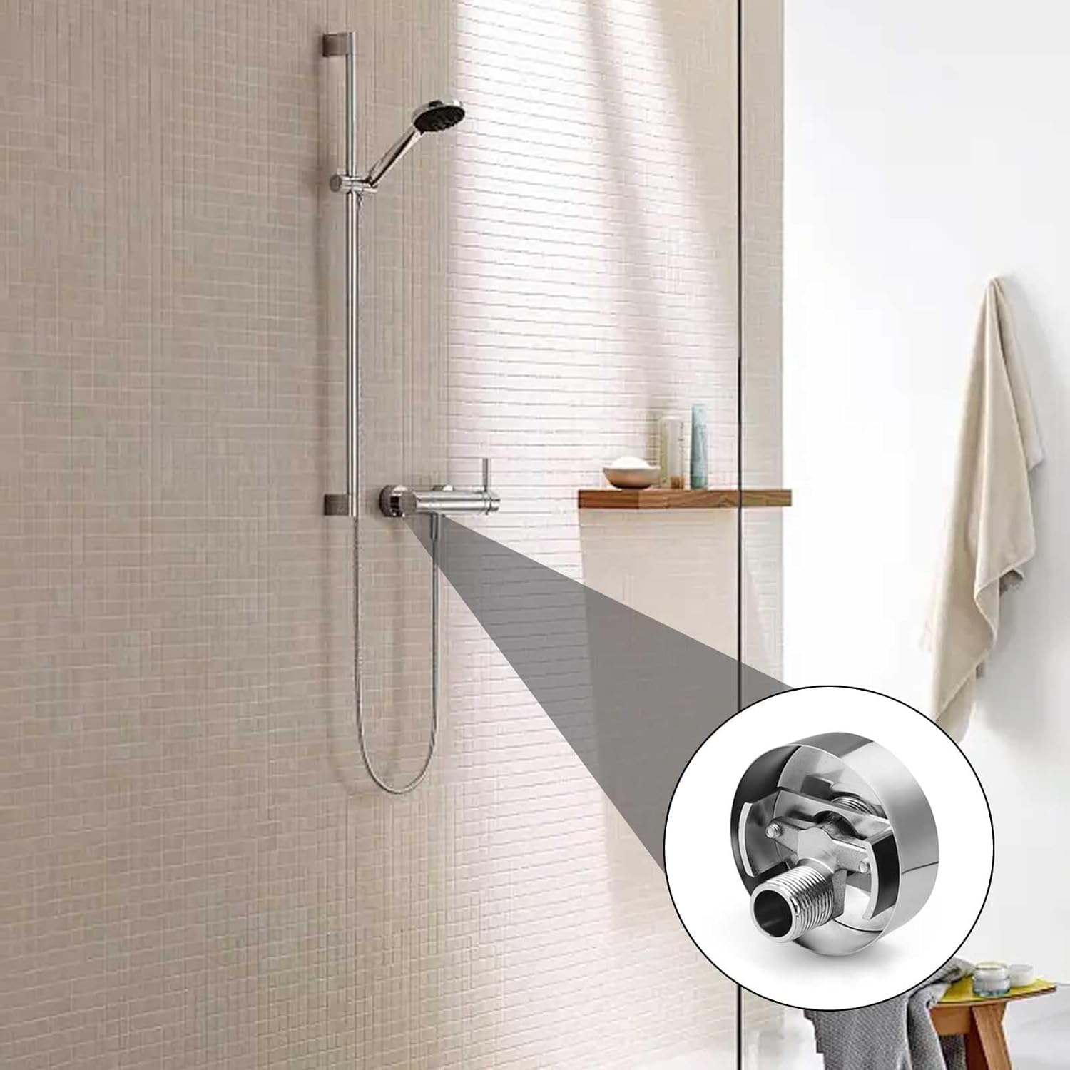 Deankeji 2-piece adjustable eccentric screw corner faucet set with decorative covers, brass shower arm, and hose connector.