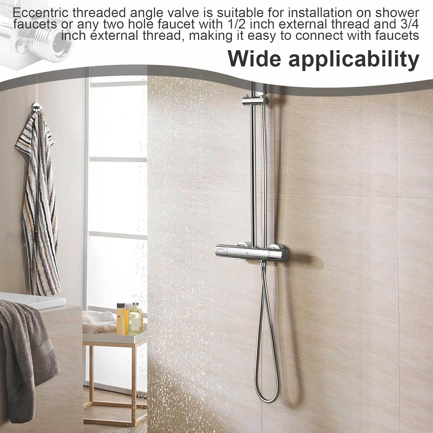 Deankeji 2-piece adjustable eccentric screw corner faucet set with decorative covers, brass shower arm, and hose connector.